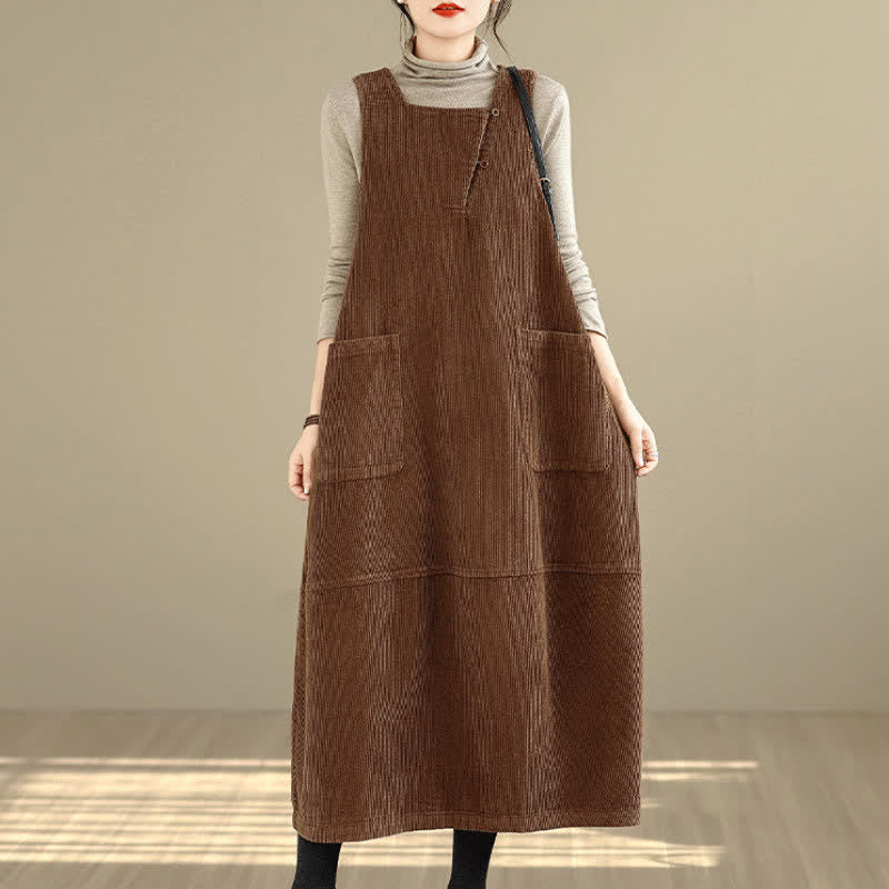Buddha Stones Fall Winter Vintage Plain Solid Scoop Neck Women's Winter Sleeveless Dress With Pockets - image 3