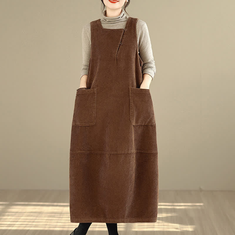 Buddha Stones Fall Winter Vintage Plain Solid Scoop Neck Women's Winter Sleeveless Dress With Pockets - image 1