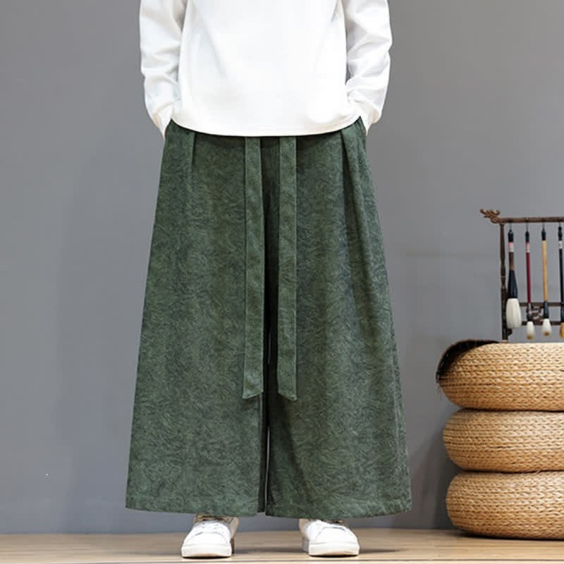 Buddha Stones Fall Winter Casual Vintage Texture Design Drawstring Solid Ankle Pants Corduroy Men's Wide Leg Pants With Pockets - image 1