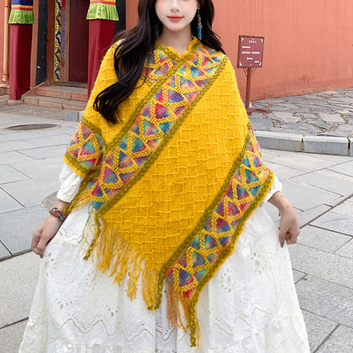 Buddha Stones Spring Fall Boho Geometric Fringe Knit V Hem Women's Shawl - Goldenrod - image 45