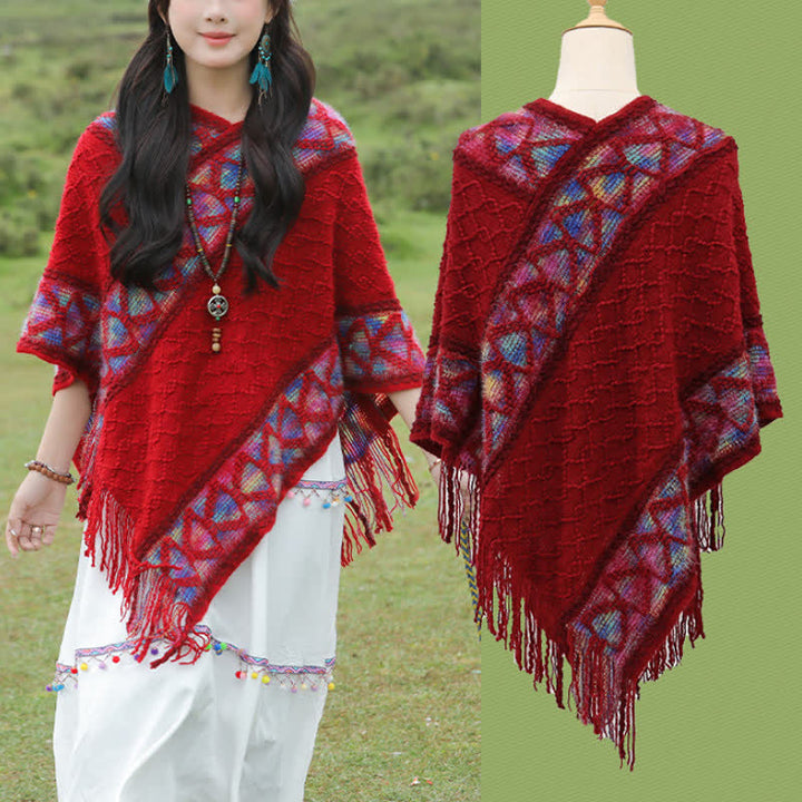 Buddha Stones Spring Fall Boho Geometric Fringe Knit V Hem Women's Shawl - image 10