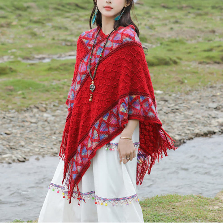 Buddha Stones Spring Fall Boho Geometric Fringe Knit V Hem Women's Shawl - image 3