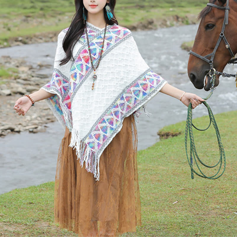 Buddha Stones Spring Fall Boho Geometric Fringe Knit V Hem Women's Shawl - image 18