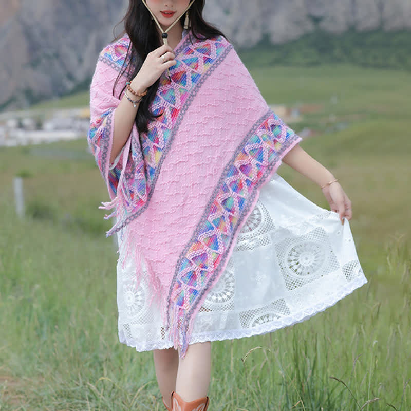 Buddha Stones Spring Fall Boho Geometric Fringe Knit V Hem Women's Shawl - image 29