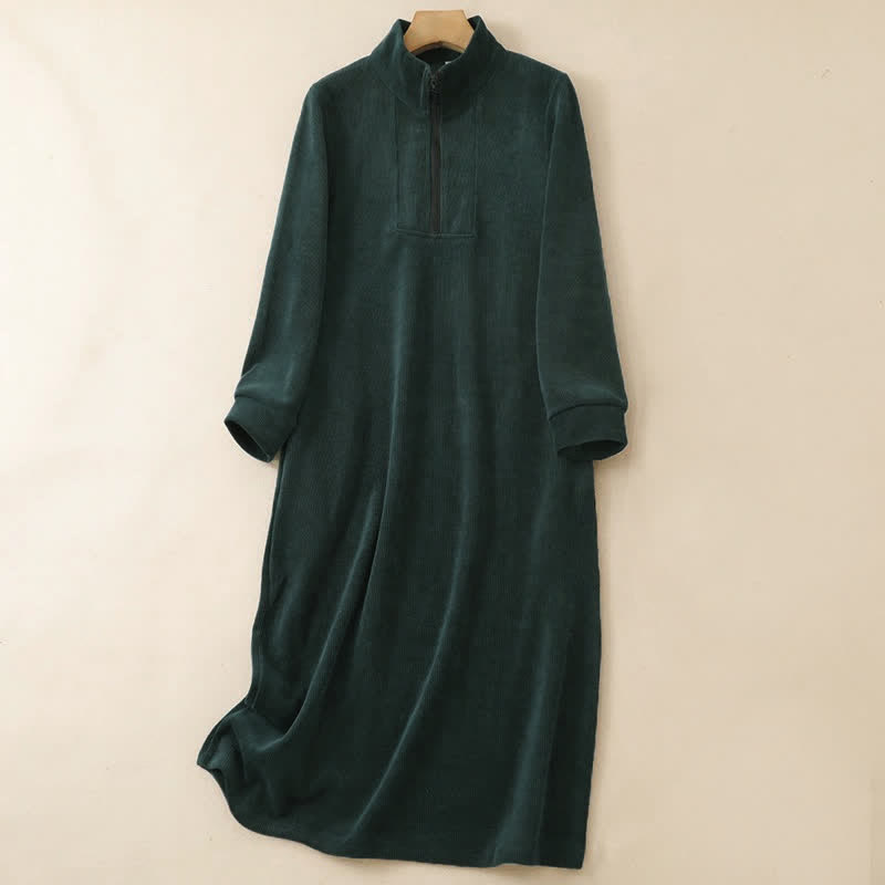 Buddha Stones Fall Winter Casual Tang Style Quarter Zip Solid Corduroy Women's Long Sleeve Dress With Pockets - DarkGreen - US8-10, UK/AU12-14, EU40-42 (2XL) - image 0