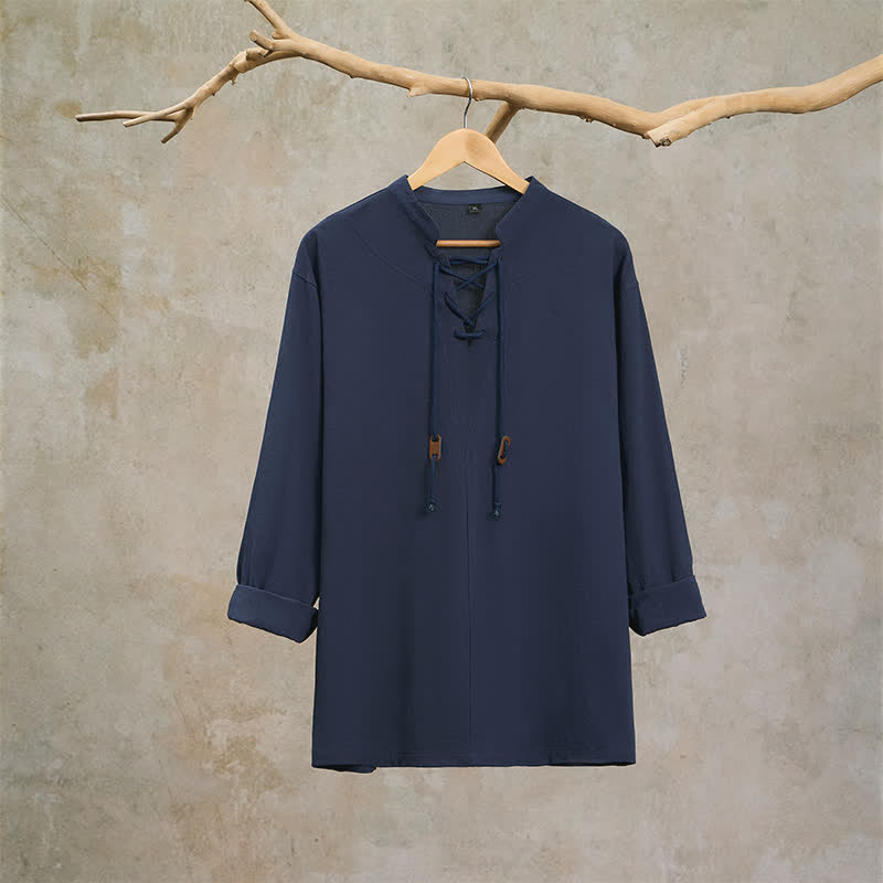 Buddha Stones Spring Fall Casual Drawstring Mandarin Collar Solid Men's Long Sleeve Shirts - image 3