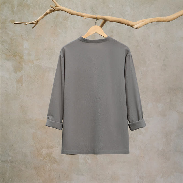 Buddha Stones Spring Fall Casual Drawstring Mandarin Collar Solid Men's Long Sleeve Shirts - image 22
