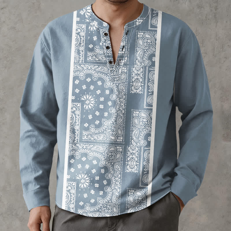 Buddha Stones Cotton Boho Paisley Stripe Pattern V-Neck Buttons Men's Long Sleeve Shirts - image 1