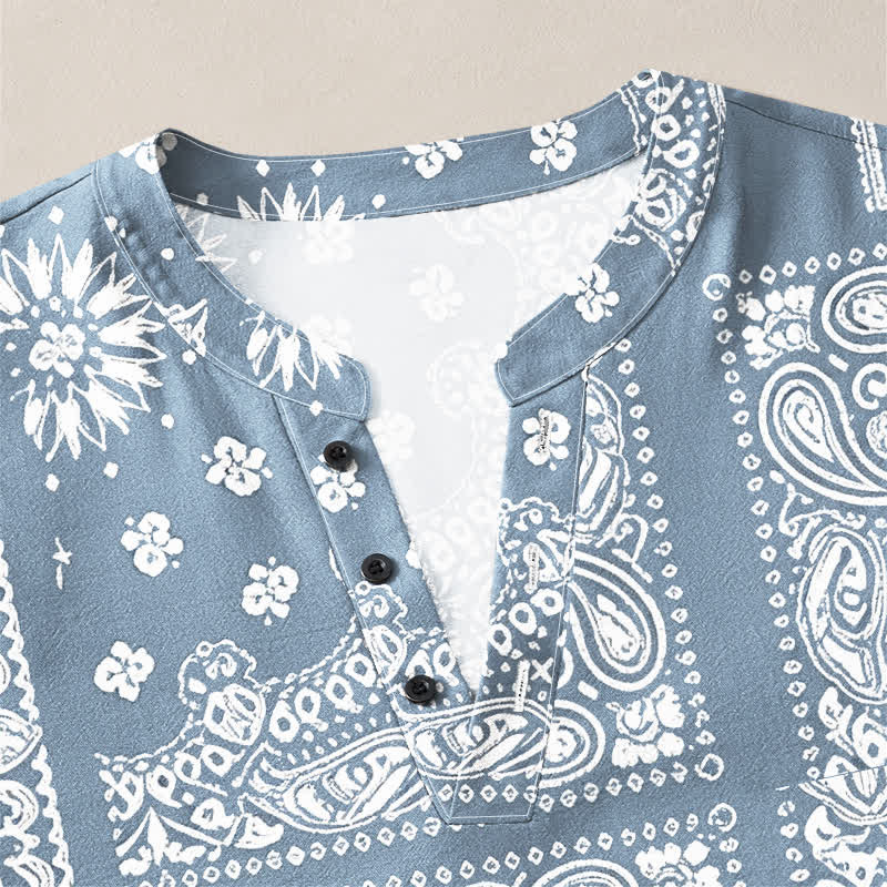 Buddha Stones Cotton Boho Paisley Stripe Pattern V-Neck Buttons Men's Long Sleeve Shirts - image 4