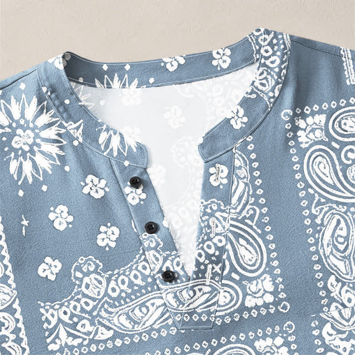 Buddha Stones Cotton Boho Paisley Stripe Pattern V-Neck Buttons Men's Long Sleeve Shirts - image 4