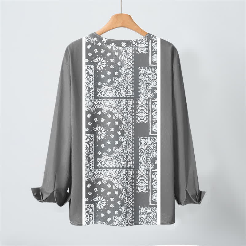 Buddha Stones Cotton Boho Paisley Stripe Pattern V-Neck Buttons Men's Long Sleeve Shirts - image 10