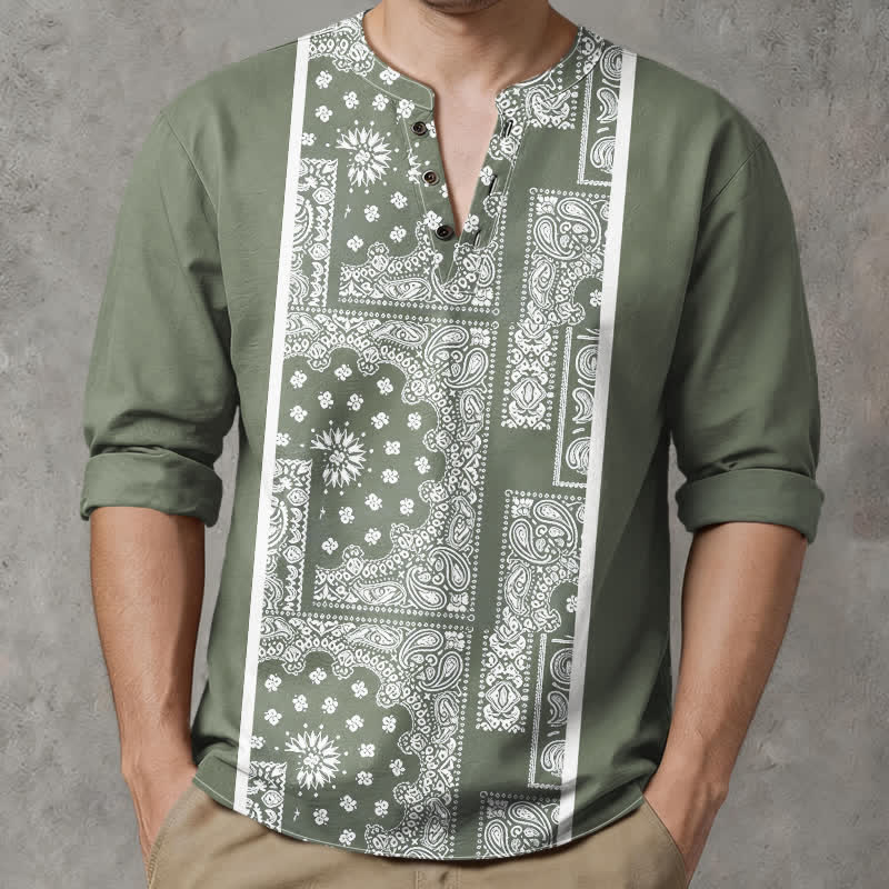 Buddha Stones Cotton Boho Paisley Stripe Pattern V-Neck Buttons Men's Long Sleeve Shirts - OliveDrab - US/UK/AU48，EU58 (4XL) - image 14