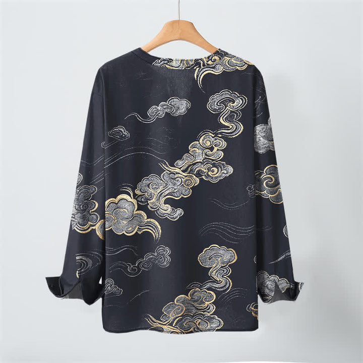 Buddha Stones Cotton Oriental Cloud Pattern V-Neck Buttons Men's Long Sleeve Shirts - image 3
