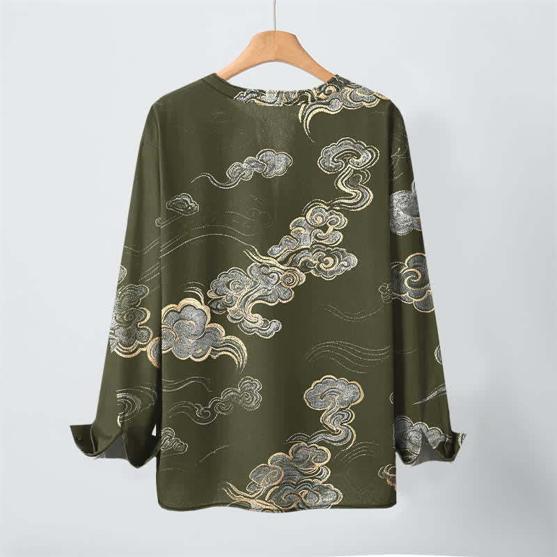 Buddha Stones Cotton Oriental Cloud Pattern V-Neck Buttons Men's Long Sleeve Shirts - image 10