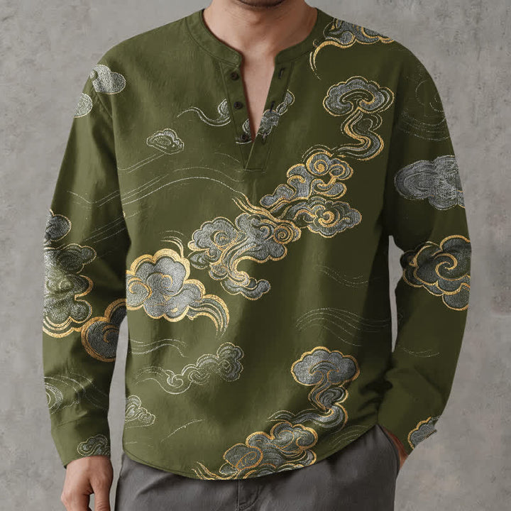 Buddha Stones Cotton Oriental Cloud Pattern V-Neck Buttons Men's Long Sleeve Shirts - image 8