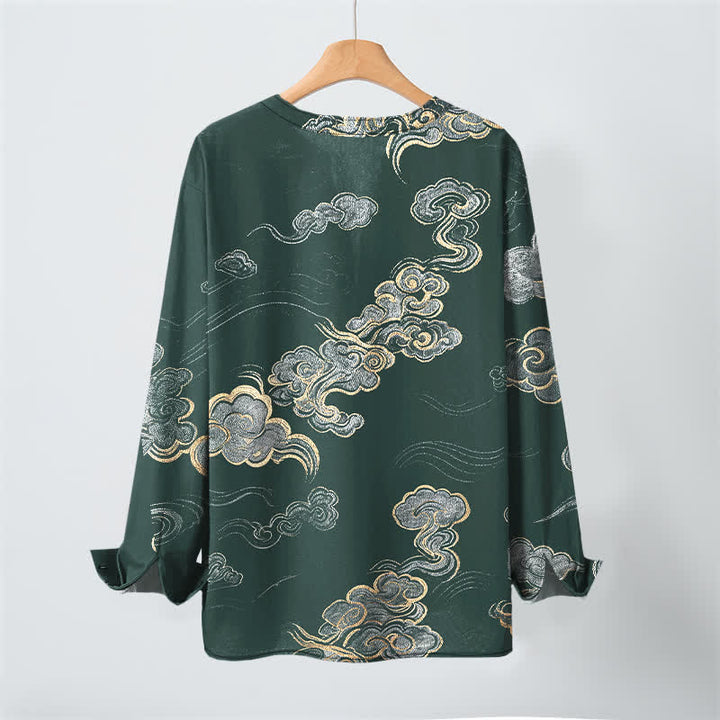 Buddha Stones Cotton Oriental Cloud Pattern V-Neck Buttons Men's Long Sleeve Shirts - image 17
