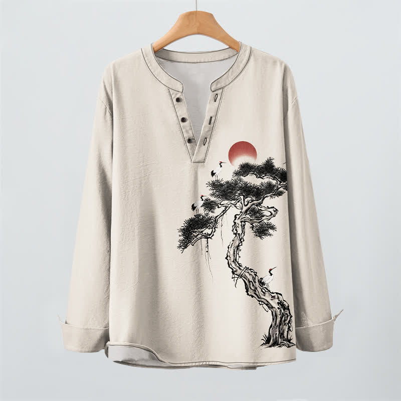 Buddha Stones Cotton Ink Pine Red Sun Birds Pattern V-Neck Buttons Men's Long Sleeve Shirts - image 2