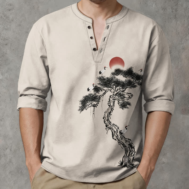 Buddha Stones Cotton Ink Pine Red Sun Birds Pattern V-Neck Buttons Men's Long Sleeve Shirts - Linen - US/UK/AU48，EU58 (4XL) - image 0