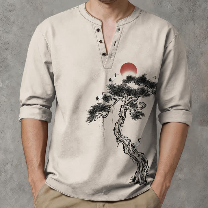 Buddha Stones Cotton Ink Pine Red Sun Birds Pattern V-Neck Buttons Men's Long Sleeve Shirts - Linen - US/UK/AU48，EU58 (4XL) - image 0