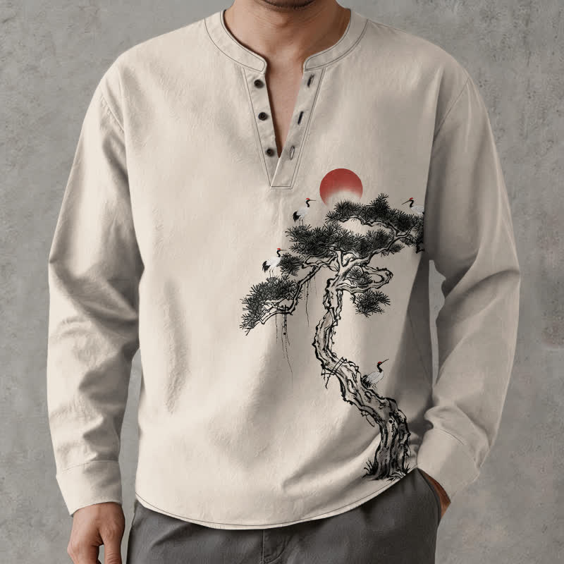 Buddha Stones Cotton Ink Pine Red Sun Birds Pattern V-Neck Buttons Men's Long Sleeve Shirts - image 1