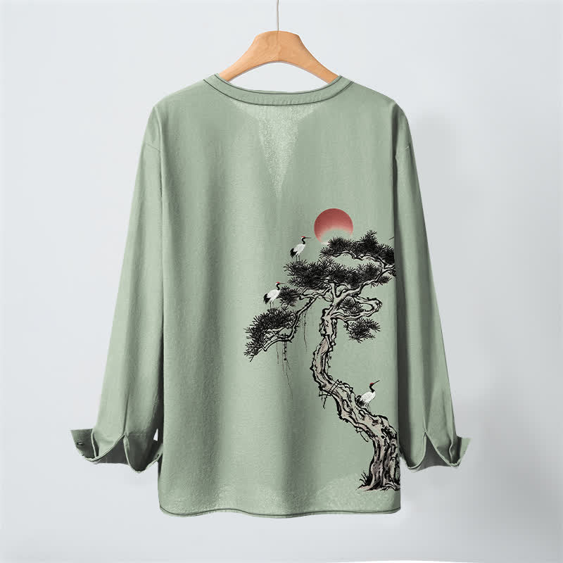 Buddha Stones Cotton Ink Pine Red Sun Birds Pattern V-Neck Buttons Men's Long Sleeve Shirts - image 10