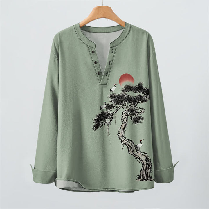 Buddha Stones Cotton Ink Pine Red Sun Birds Pattern V-Neck Buttons Men's Long Sleeve Shirts - image 9