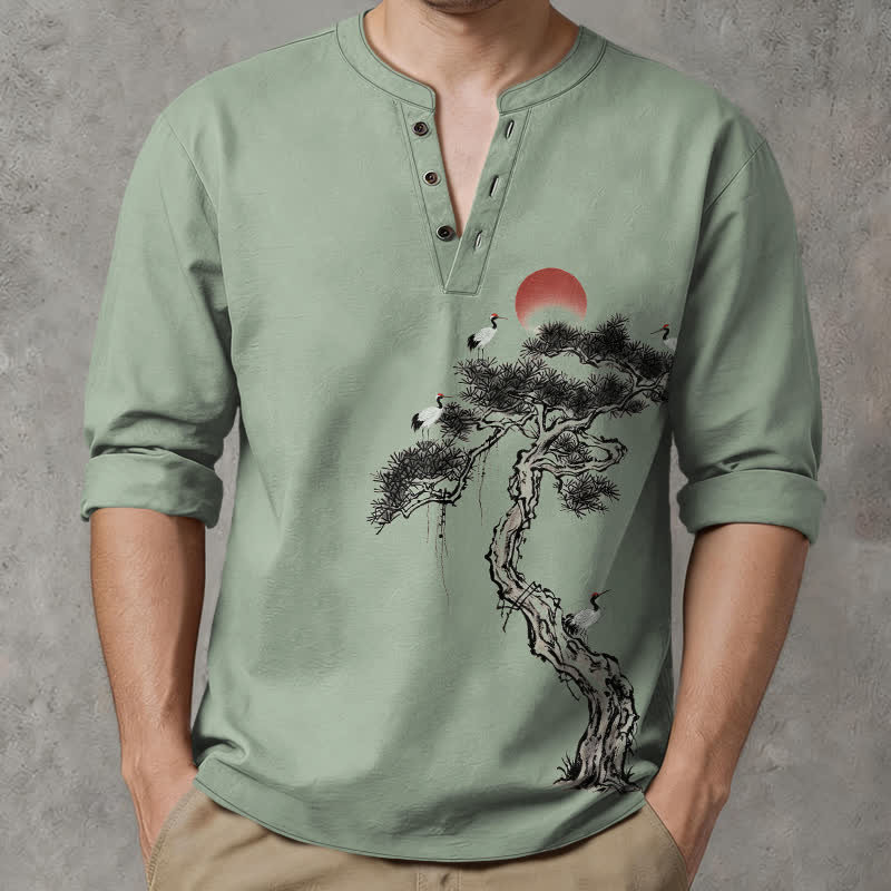 Buddha Stones Cotton Ink Pine Red Sun Birds Pattern V-Neck Buttons Men's Long Sleeve Shirts - DarkSeaGreen - US/UK/AU48，EU58 (4XL) - image 7