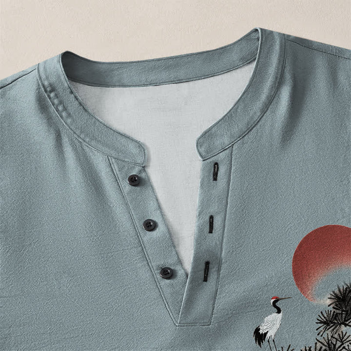 Buddha Stones Cotton Ink Pine Red Sun Birds Pattern V-Neck Buttons Men's Long Sleeve Shirts - image 18