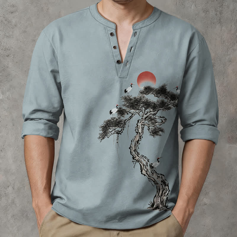 Buddha Stones Cotton Ink Pine Red Sun Birds Pattern V-Neck Buttons Men's Long Sleeve Shirts - LightBlue - US/UK/AU48，EU58 (4XL) - image 14