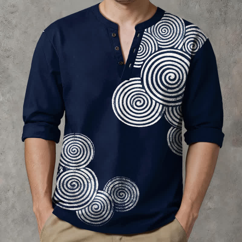 Buddha Stones Cotton Bohemian Spiral Pattern V-Neck Buttons Men's Long Sleeve Shirts - image 1