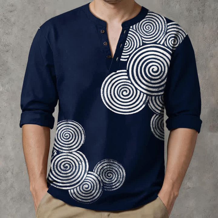 Buddha Stones Cotton Bohemian Spiral Pattern V-Neck Buttons Men's Long Sleeve Shirts - image 1