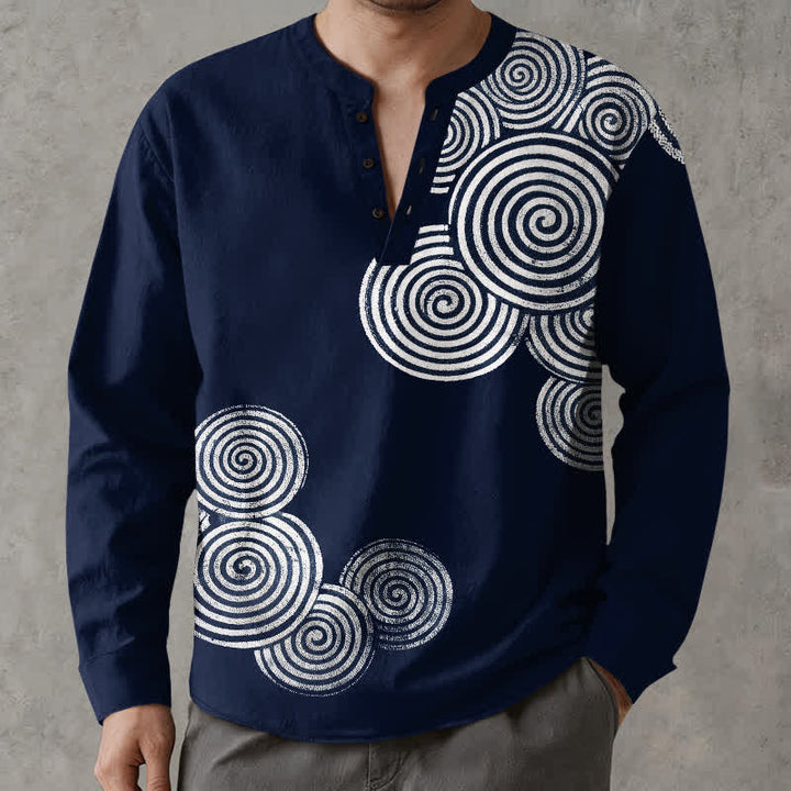 Buddha Stones Cotton Bohemian Spiral Pattern V-Neck Buttons Men's Long Sleeve Shirts - Navy - US/UK/AU48，EU58 (4XL) - image 0