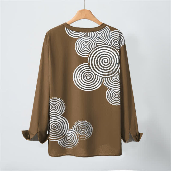 Buddha Stones Cotton Bohemian Spiral Pattern V-Neck Buttons Men's Long Sleeve Shirts - image 10
