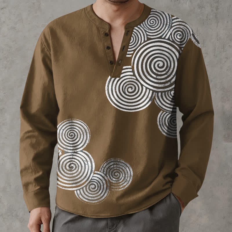 Buddha Stones Cotton Bohemian Spiral Pattern V-Neck Buttons Men's Long Sleeve Shirts - SaddleBrown - US/UK/AU48，EU58 (4XL) - image 7