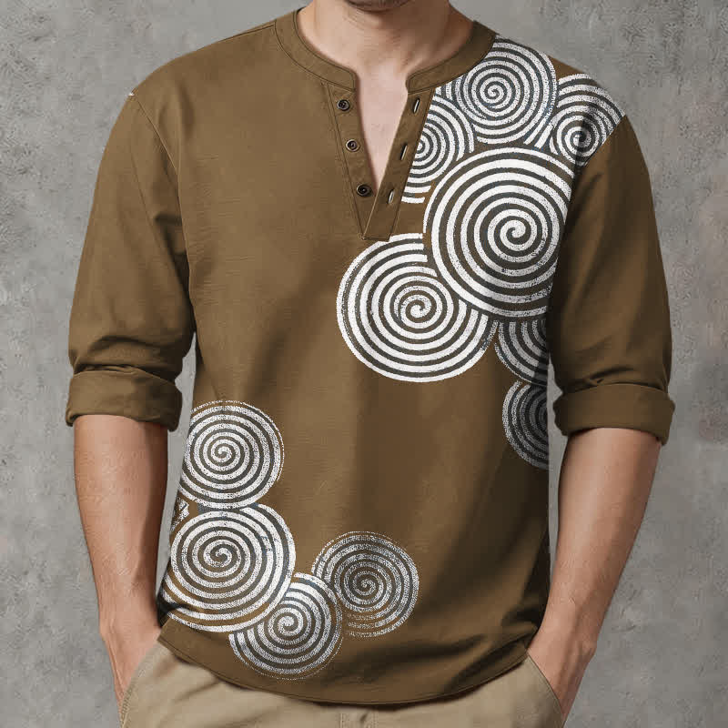Buddha Stones Cotton Bohemian Spiral Pattern V-Neck Buttons Men's Long Sleeve Shirts - image 8