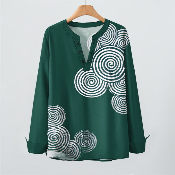 Buddha Stones Cotton Bohemian Spiral Pattern V-Neck Buttons Men's Long Sleeve Shirts - image 16