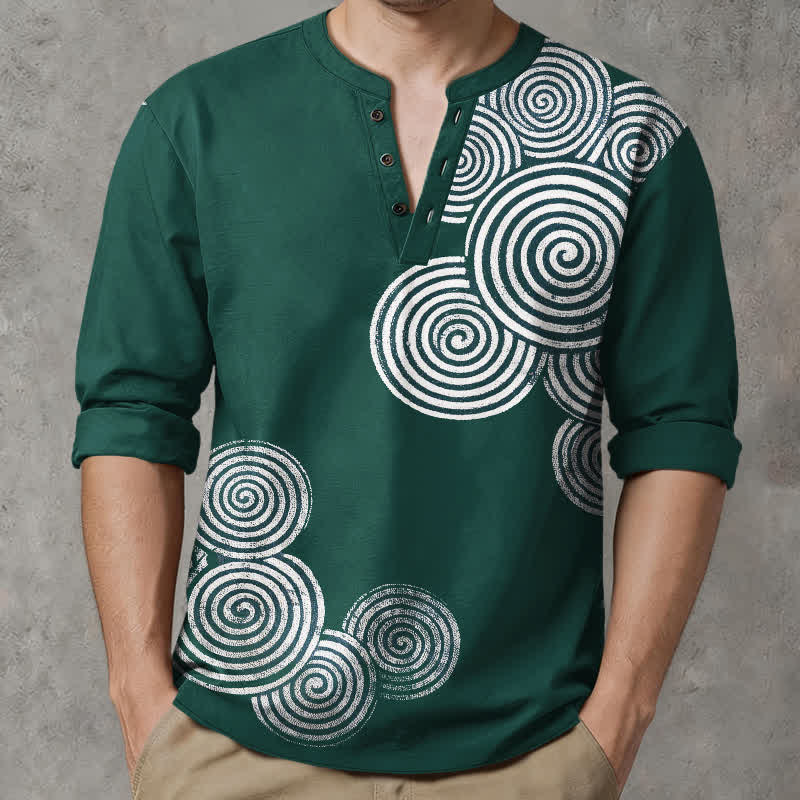 Buddha Stones Cotton Bohemian Spiral Pattern V-Neck Buttons Men's Long Sleeve Shirts - image 15