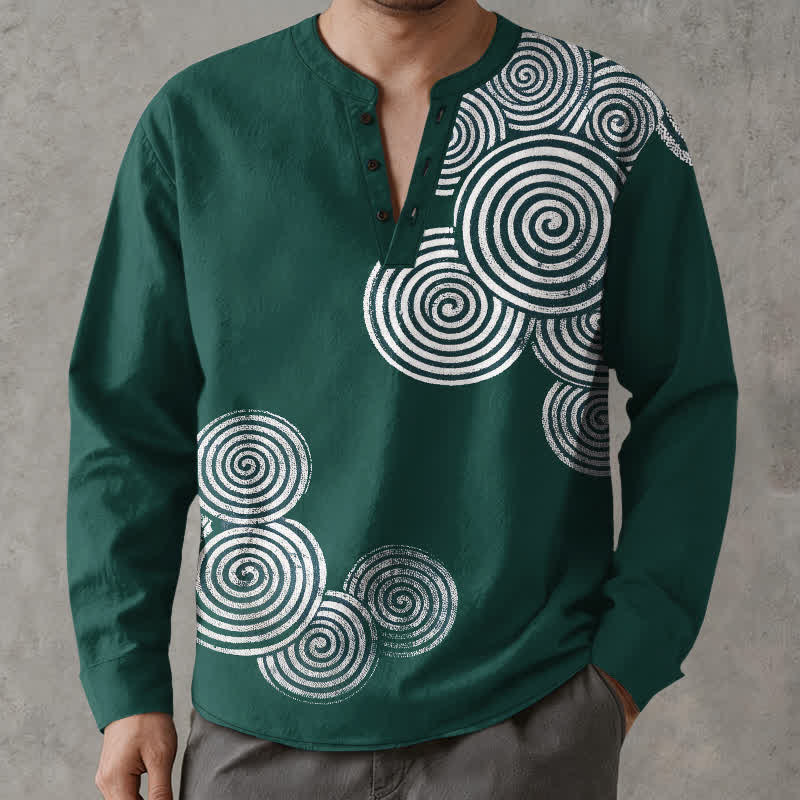 Buddha Stones Cotton Bohemian Spiral Pattern V-Neck Buttons Men's Long Sleeve Shirts - DarkGreen - US/UK/AU48，EU58 (4XL) - image 14
