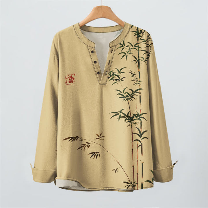 Buddha Stones Cotton Eastern Bamboo Seal Pattern V-Neck Buttons Men's Long Sleeve Shirts - image 2