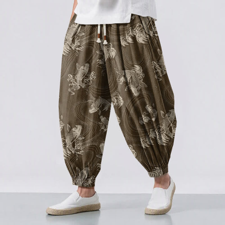Buddha Stones Pure Cotton Koi Ripple Pattern Drawstring Men's Harem Pants With Pockets - SaddleBrown - US/UK/AU50，EU60 (5XL) - image 12