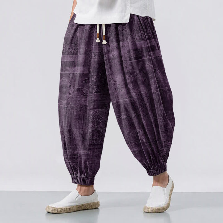 Buddha Stones Pure Cotton Shadow Paisley Pattern Drawstring Men's Harem Pants With Pockets - Purple - US/UK/AU50，EU60 (5XL) - image 6