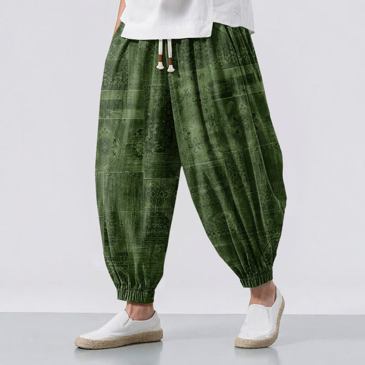 Buddha Stones Pure Cotton Shadow Paisley Pattern Drawstring Men's Harem Pants With Pockets - DarkOliveGreen - US/UK/AU50，EU60 (5XL) - image 12