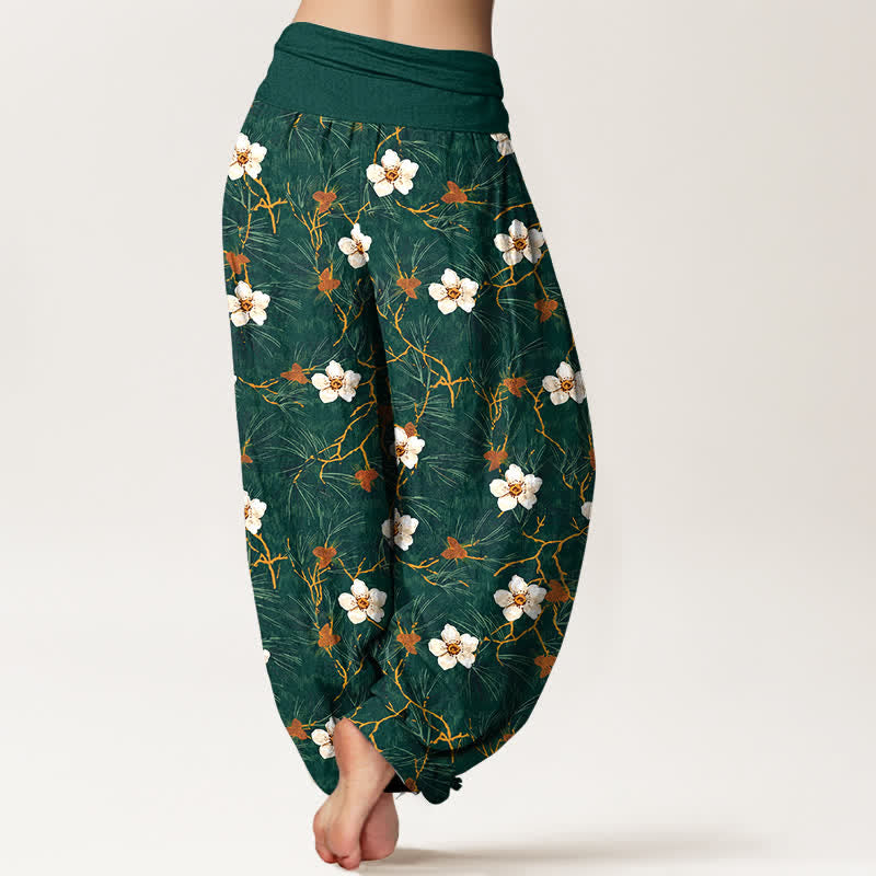 Buddha Stones Cotton White Blossom Vine Pattern Women's Elastic Waist Harem Pants - image 2