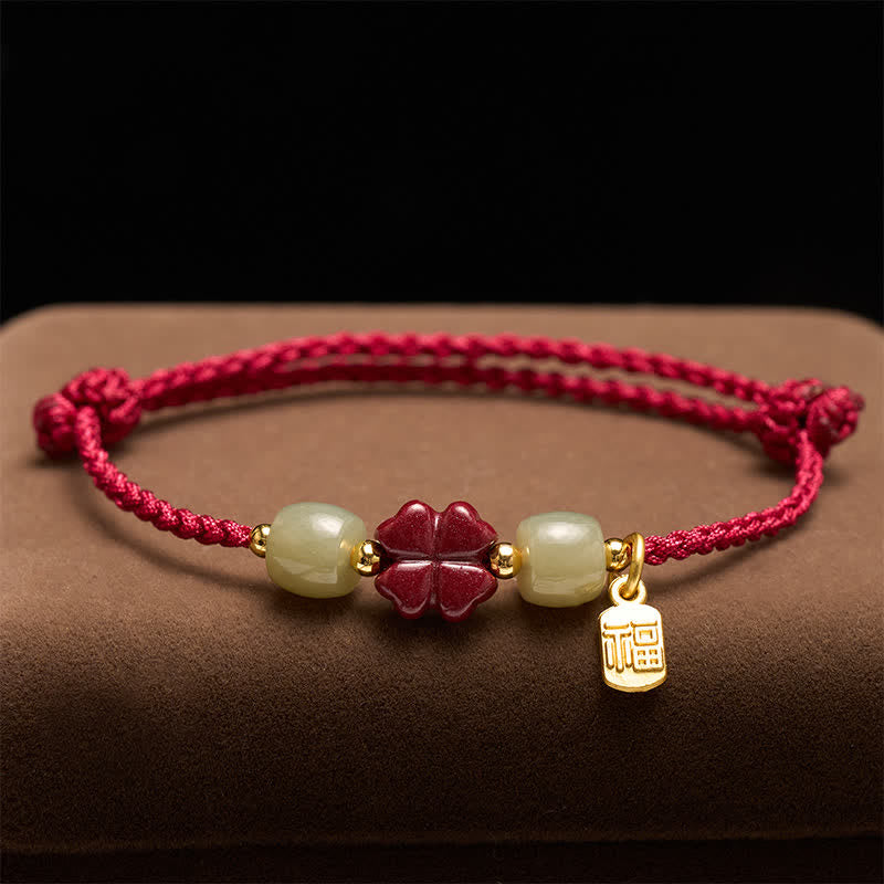 Buddha Stones Cinnabar Fu Character Four-leaf Clover Red String Luck Bracelet - image 1