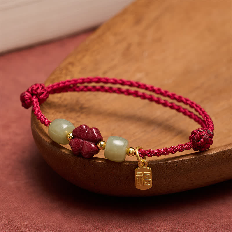 Buddha Stones Cinnabar Fu Character Four-leaf Clover Red String Luck Bracelet - Red String(Protection ♥ Luck) - image 0