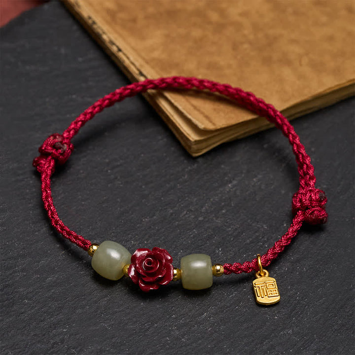 Buddha Stones Cinnabar Fu Character Rose Red String Blessing Bracelet - image 3