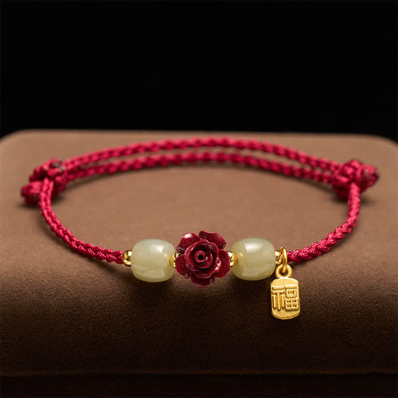 Buddha Stones Cinnabar Fu Character Rose Red String Blessing Bracelet - image 1