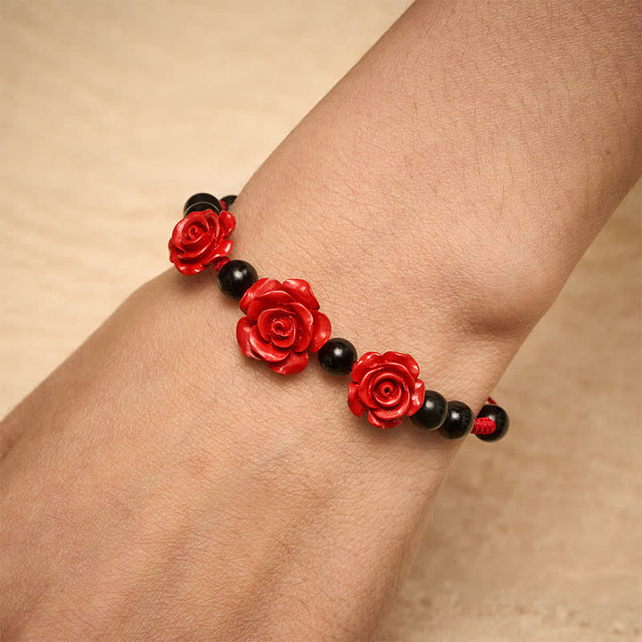 Buddha Stones Cinnabar Rose Black Onyx Red String Concentration Bracelet - image 5