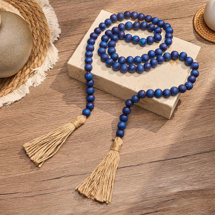 Buddha Stones Blue Rustic Wooden Bead Tassel Garland Mindful Living Decor - image 1