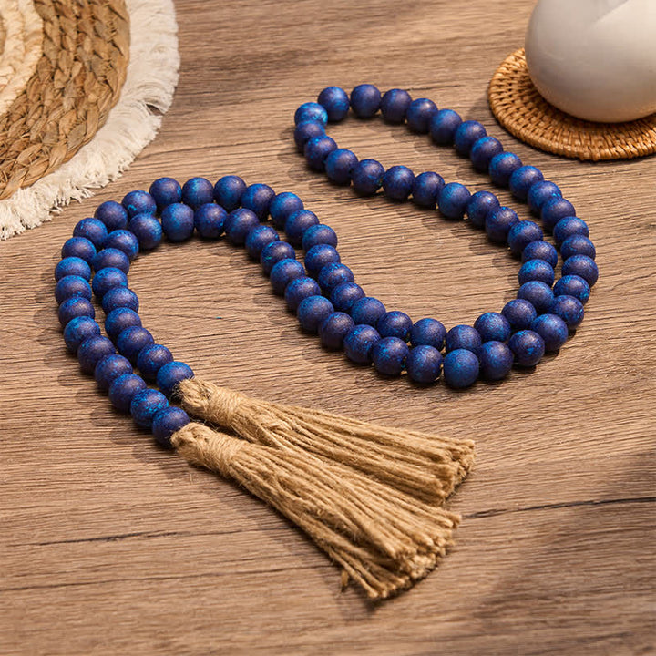Buddha Stones Blue Rustic Wooden Bead Tassel Garland Mindful Living Decor - image 4